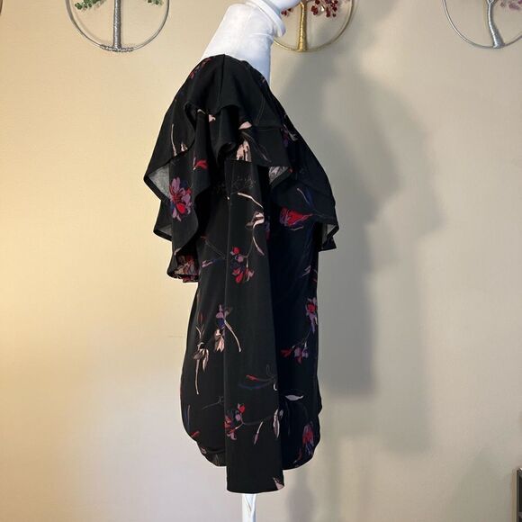 Veronica M Black Red Purple Floral Ruffle Asymmetrical One Long Sleeve Top XS - Picture 4 of 10